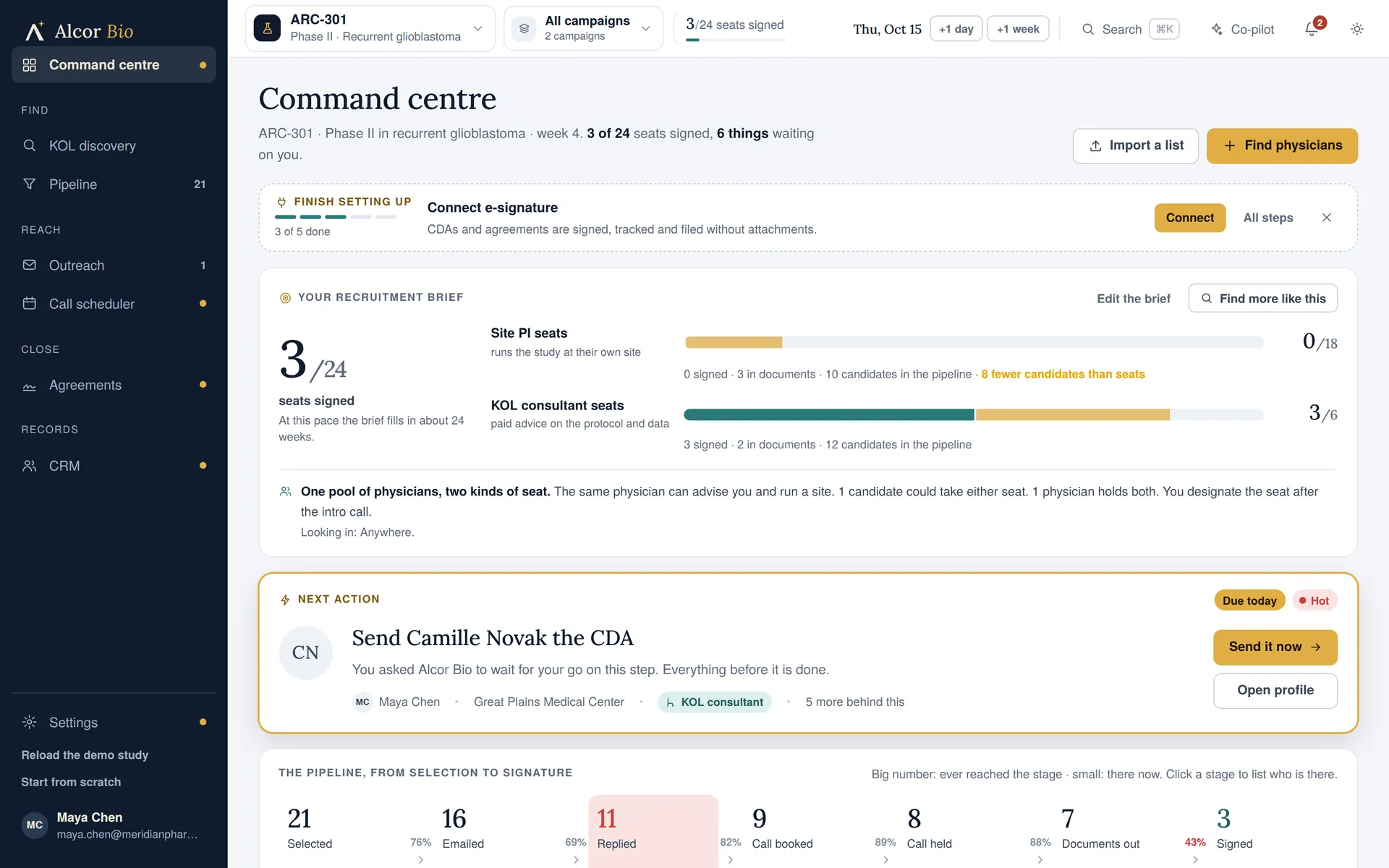 The Alcor Bio command centre: progress against the recruitment brief, the next action to take today, and the pipeline from selection to signature.