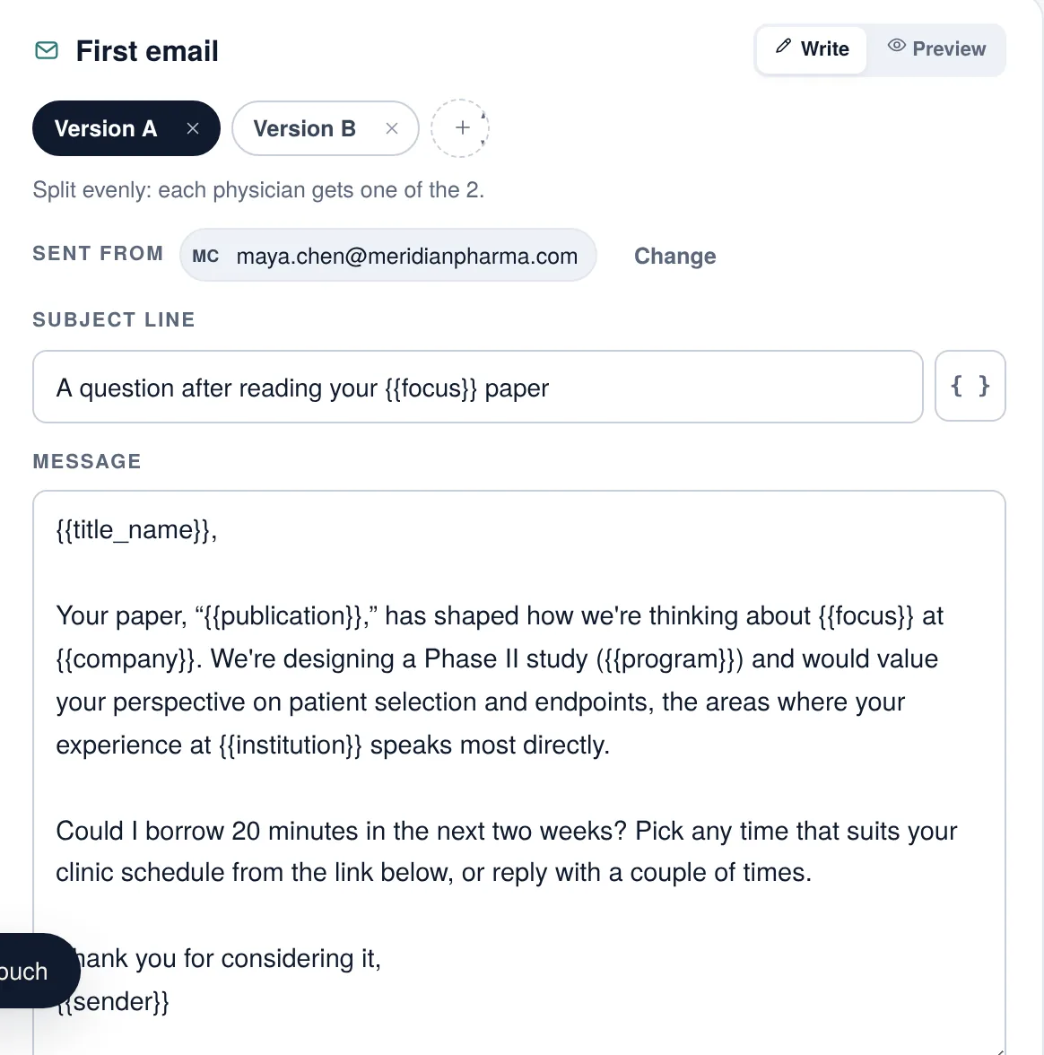 The first email editor with two versions, the sender's own address, a subject line and a message that fills in each KOL's publication and institution.